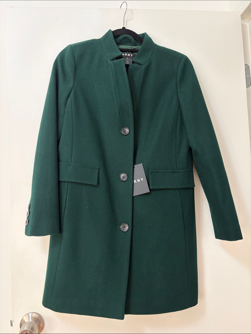 DKNY green coat petite S PS stand collar wool blend NWT
